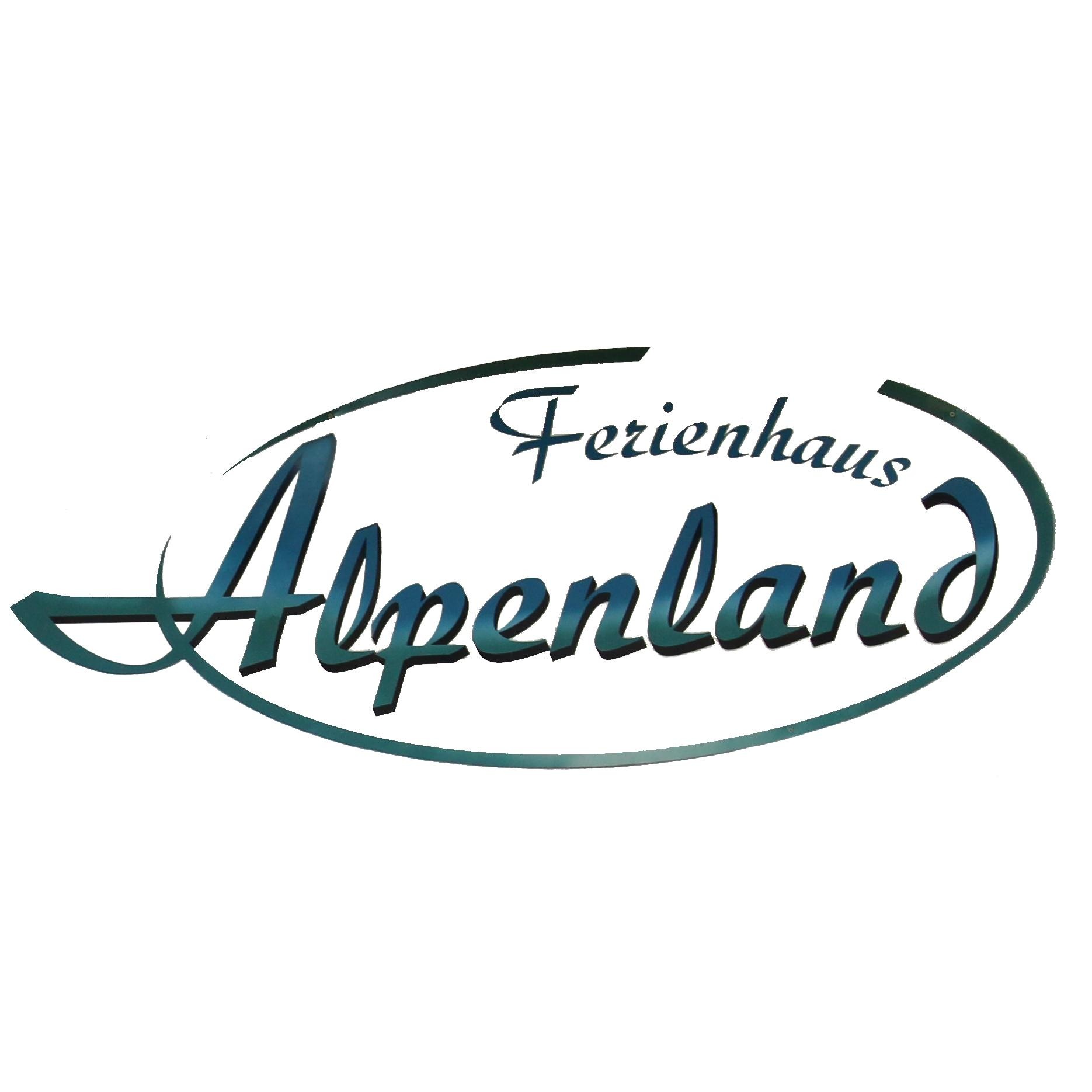 Ein Logo mit der Aufschrift "Ferienhaus Alpenland". Die Schrift ist elegant und geschwungen gestaltet.
