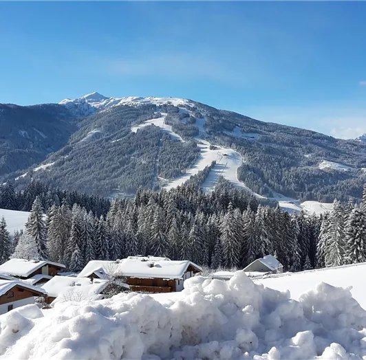 A winter landscape with snow-covered mountains and a clear blue sky. In the foreground, snow-covered houses can be seen.