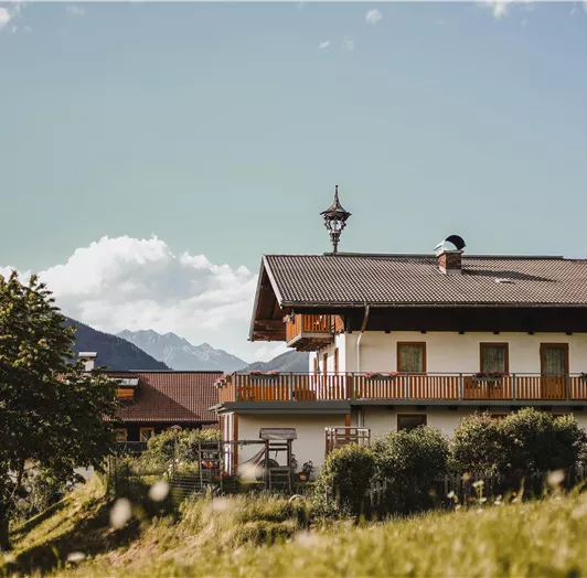 Ein charmantes Haus im alpine Stil, umgeben von grünen Wiesen und Bäumen. Im Hintergrund sind Berge und ein blauer Himmel zu sehen.