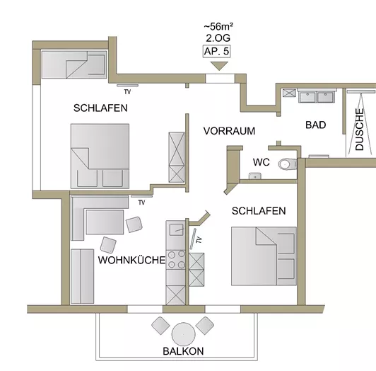 Skizze Appartement im 2. Stock