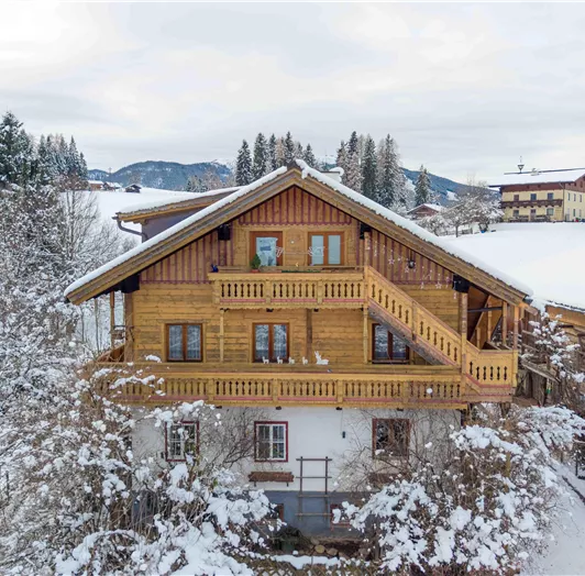 Ein wunderschönes Holzhaus im Schnee, umgeben von schneebedeckten Bäumen. Im Hintergrund sind die schneebedeckten Berge zu sehen.