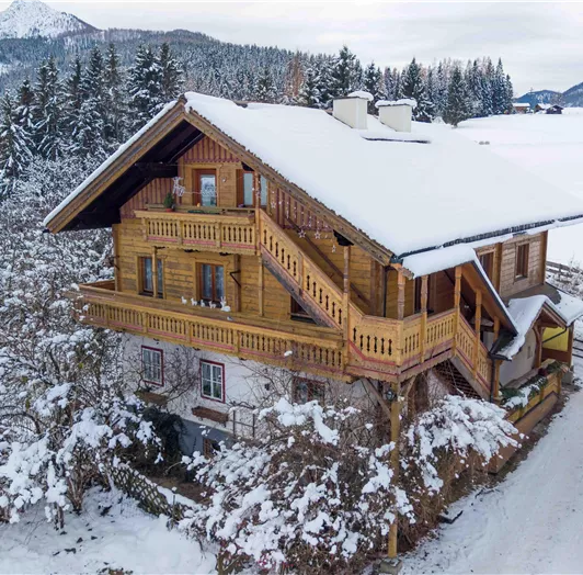 Ein charmantes Holzhaus im Schnee, umgeben von Tannenbäumen. Die Landschaft ist malerisch mit einem Berg im Hintergrund.