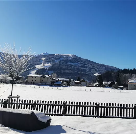 Eine winterliche Landschaft mit schneebedeckten Feldern und einem klaren blauen Himmel. Im Hintergrund ist die Skischaukel Space-Jet zu sehen.