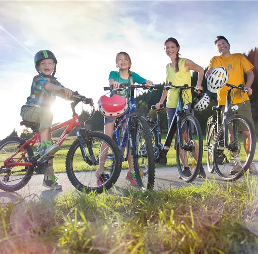 Eine Familie steht zusammen mit Fahrrädern auf einem Weg in der Natur.