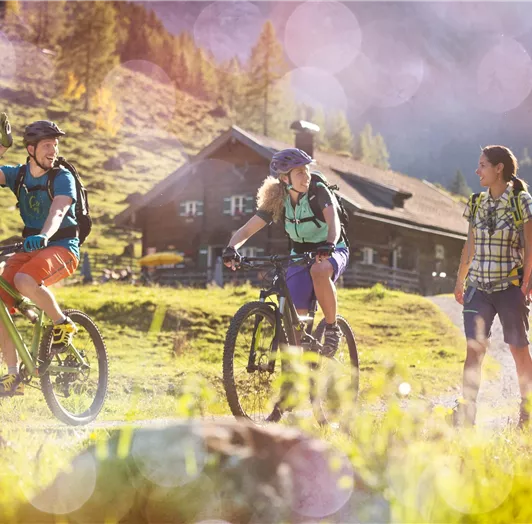 Zwei Radfahrer:innen auf einem Radweg in den Bergen, während zwei weitere Personen zu Fuß gehen.