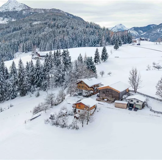 Eine malerische Winterlandschaft mit schneebedeckten Feldern und Bergen im Hintergrund. Mehrere gemütliche Hütten und Bäume sind in der Umgebung verteilt.