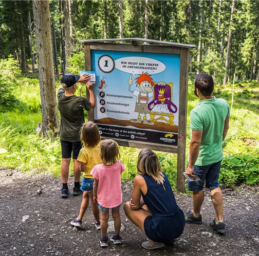 Eine Familie steht vor einem interaktiven Schild im Wald. Das Schild zeigt bunte Figuren und Informationen zur Aktivität im Freien.