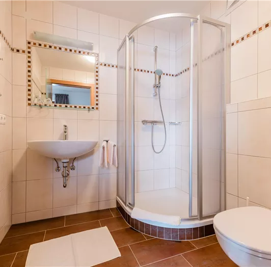 Ein modernes Badezimmer mit einer Dusche, Waschbecken und Toilette. Die Wände sind hell gefliest und der Boden hat einen dunkleren Farbton.