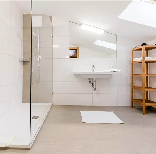 Ein modernes Badezimmer mit einer gläsernen Dusche und einem Waschbecken. Neben dem Waschbecken steht ein praktischer Holzregal.