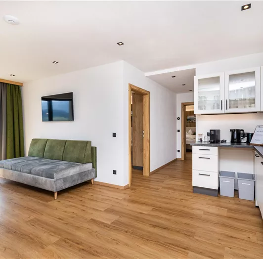 Ein modernes Wohnzimmer mit einem grünen Sofa und einem Fernseher. Die offene Küche ist gut ausgestattet und der Raum hat große Fenster mit Aussicht.