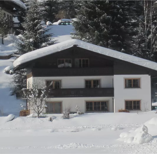 Ein gemütliches Haus im Winter, umgeben von schneebedeckten Bäumen. Der Himmel ist klar und die Landschaft strahlt Ruhe aus.