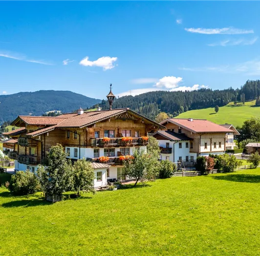 A picturesque farmhouse surrounded by green meadows and gentle hills. The bright blue sky adds a friendly atmosphere to the landscape.