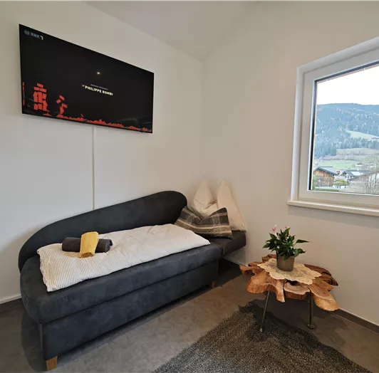 Ein gemütliches Zimmer mit einem grauen Sofa und einer Decke. Durch das Fenster sieht man eine grüne Landschaft mit Bergen.