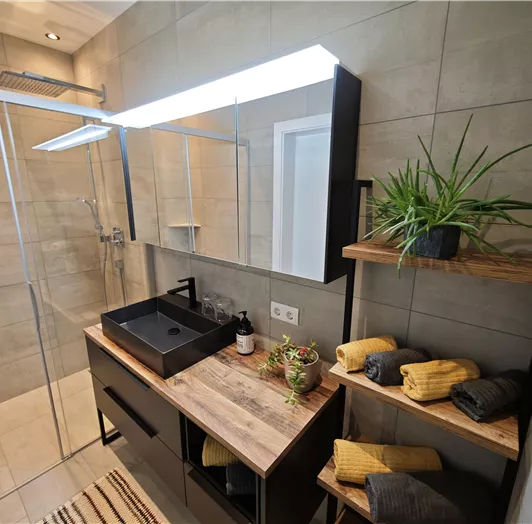 Ein modernes Badezimmer mit einer großen Dusche und einem eleganten Waschtisch. Auf den Regalen liegen kuschelige Handtücher und eine Pflanze sorgt für eine angenehme Atmosphäre.