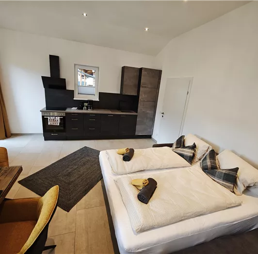 Ein modernes Zimmer mit grosse SchlafCouch (180x200), einer Küchenzeile und einem Tisch. Große Fenster sorgen für viel Tageslicht.