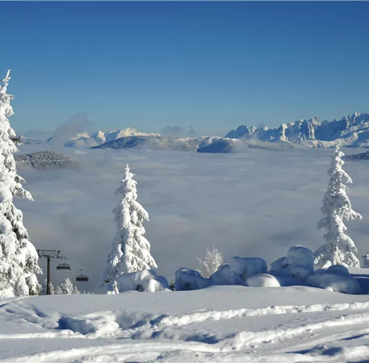 Tiefverschneite Landschaft im Skigebiet Flachau
