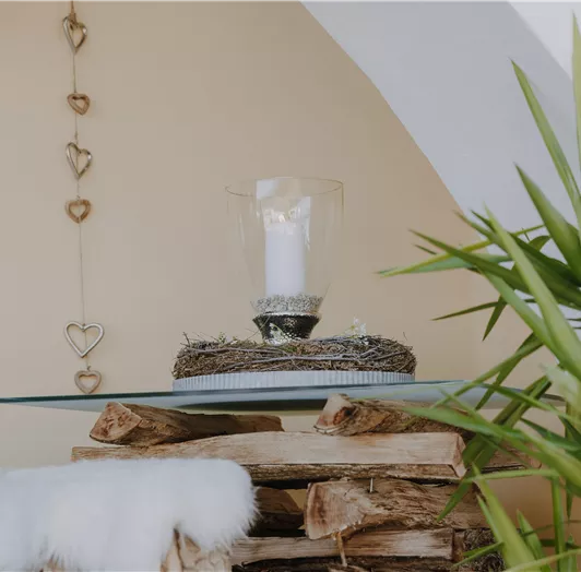 Ein stilvolles Ambiente mit einem Glasgefäß, das eine Kerze enthält, auf einem Regale aus Holzstämmen.