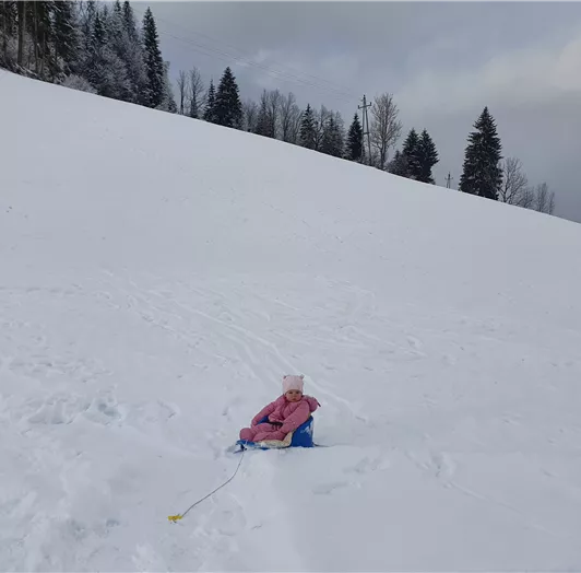 Toben und Spielen im Schnee rund ums Haus