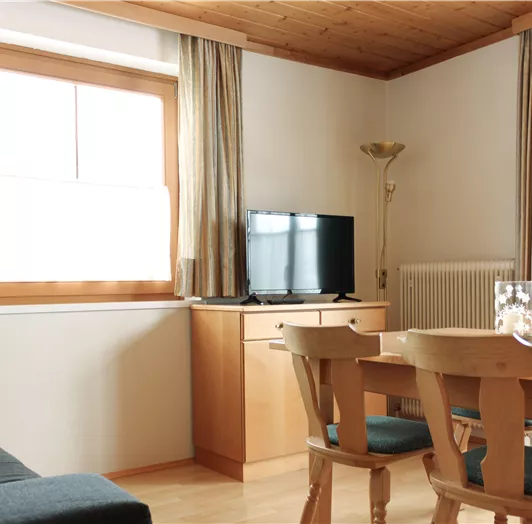 Ein gemütlicher Wohnraum mit einem Tisch, Stühlen und einem Fernseher. Die großen Fenster lassen viel Licht herein und sorgen für eine helle Atmosphäre.