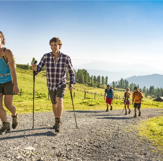 Eine Gruppe von Menschen wandert auf einem Kiesweg durch eine grüne Landschaft.